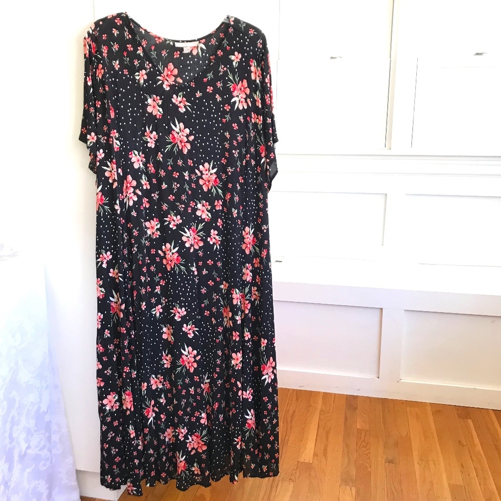 WOMAN WITHIN Floral Maxi Dress Polka Dot Black Pink Women’s Plus Size 4X